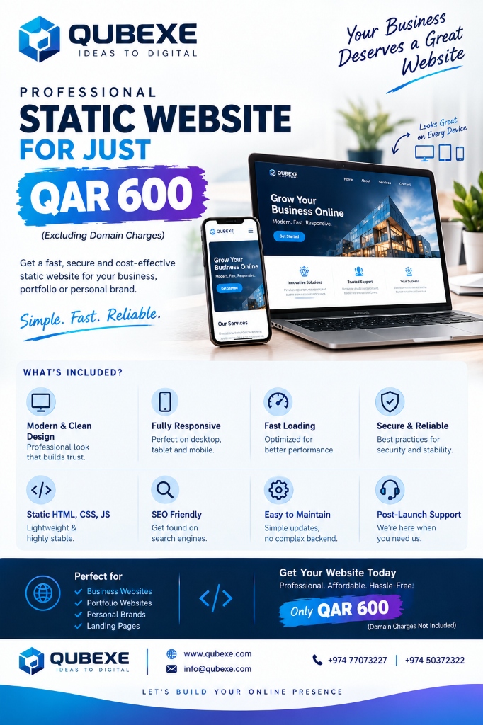 QUBEXE Professional Static Website QAR 600 Flyer